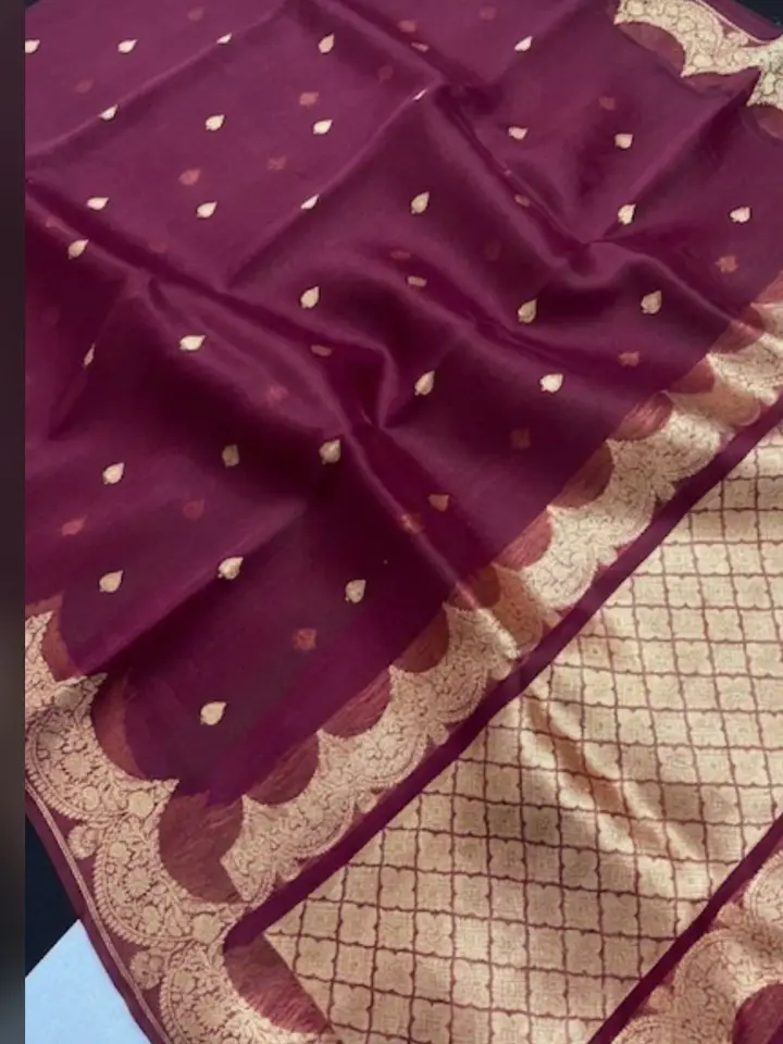 Banarasi Silk Scallop Border Leaf Buti, photograph 1 of 10
